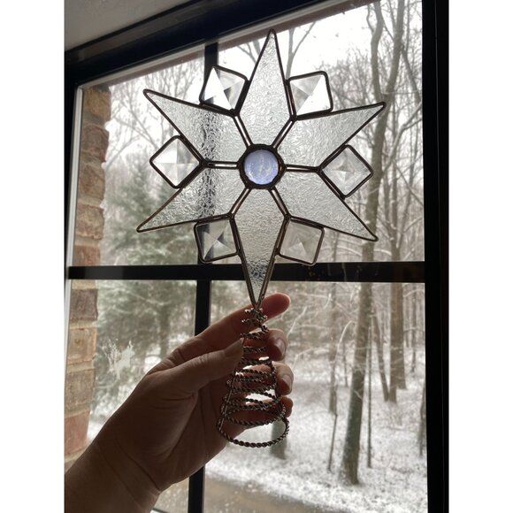 Stained Glass Star Christmas Tree Topper With Clear Textured Glass & Blue Center - Picture 2 of 4